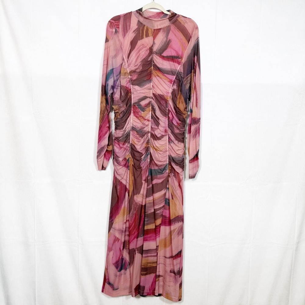 Anthropologie Long Sleeve Printed Mesh Midi Maxi Dress Ruched Mock Neck - Picture 2 of 16